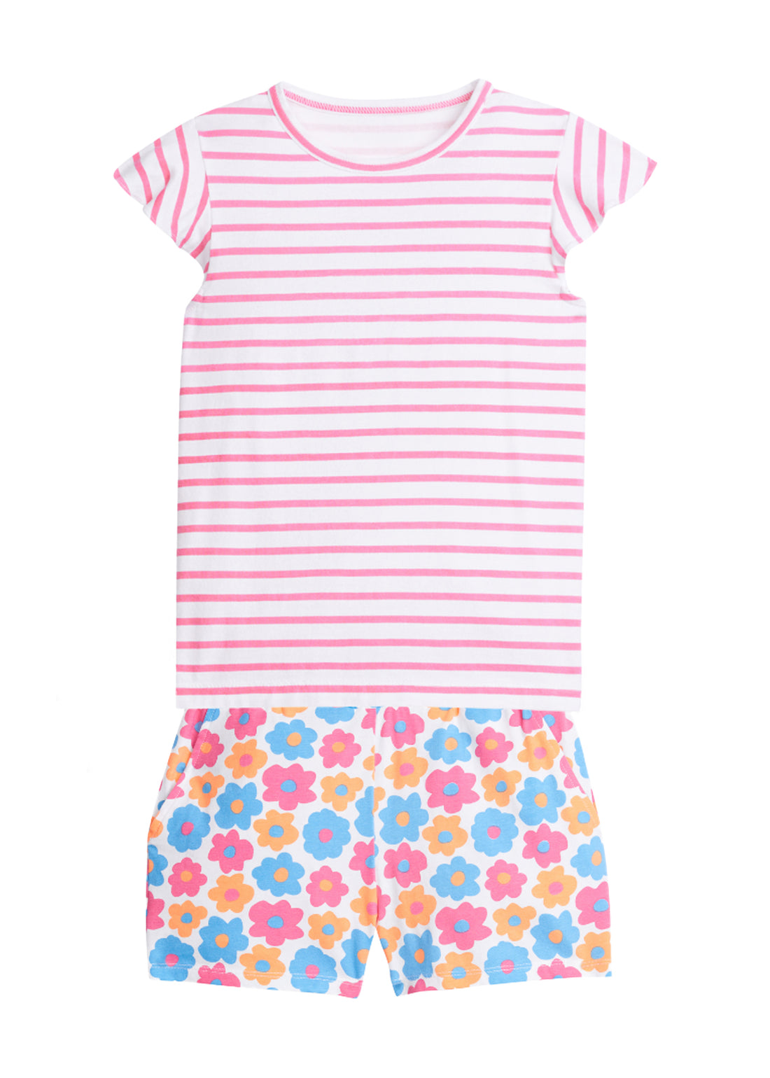 pink striped shirt and floral shorts for little girls