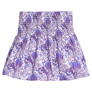 Girls/tween woven skort in a blue/purple/white floral print that features a ruched/elastic waistband and built in shorts for a secure but relaxed fit. 