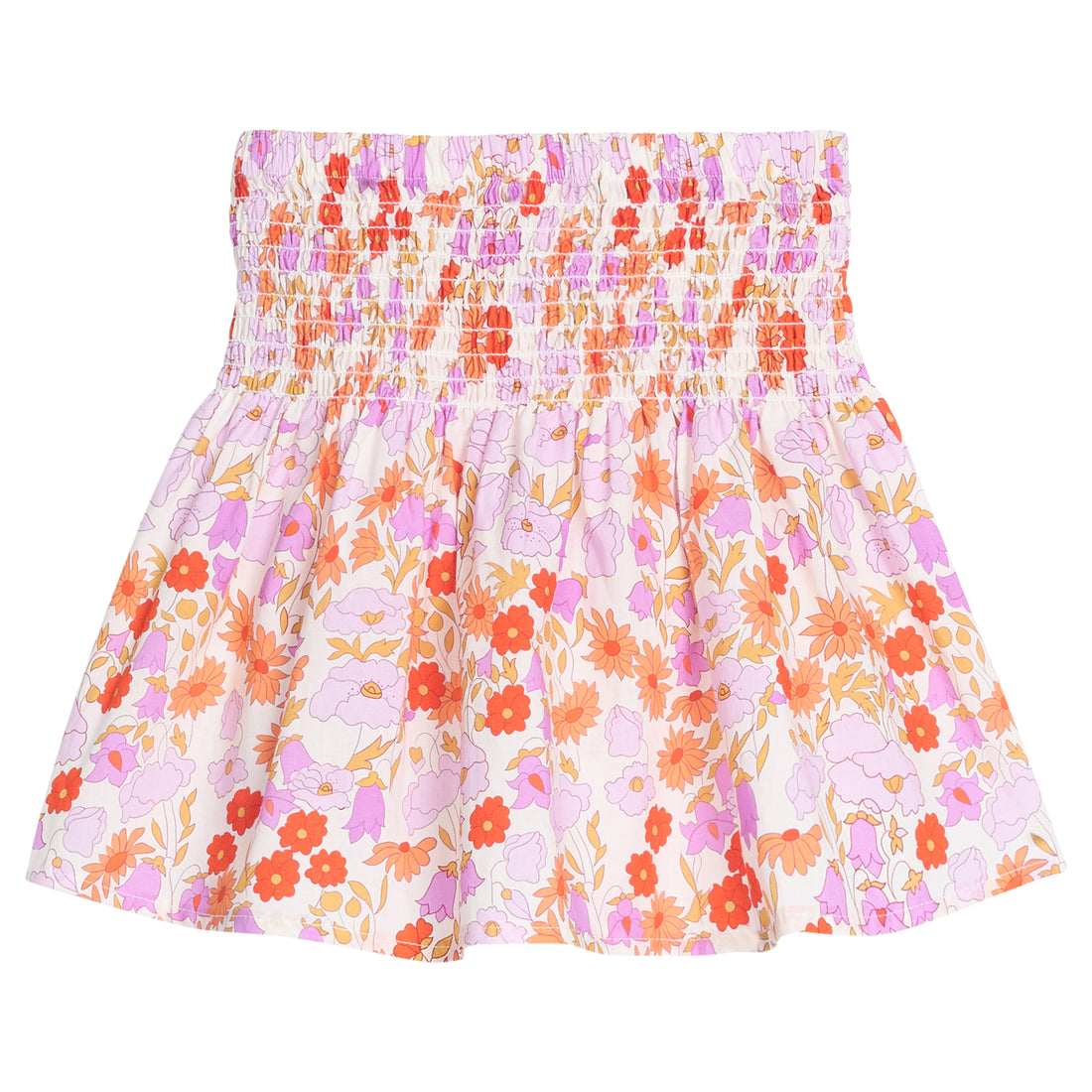Girls/tween woven skort in a pink/orange floral print that features a ruching elastic detail at waist and built in shorts for a relaxed but secure fit. 