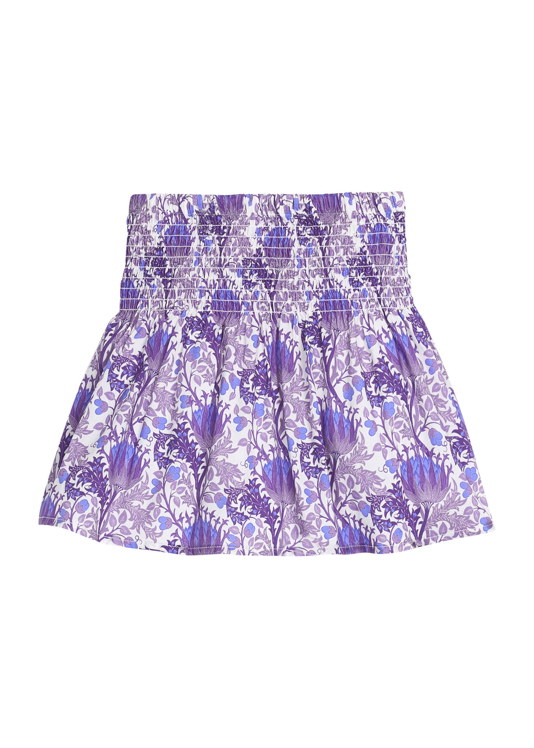 Girls/tween woven skort in a blue/purple/white floral print that features a ruched/elastic waistband and built in shorts for a secure but relaxed fit. 