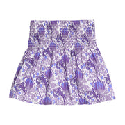 Girls/tween woven skort in a blue/purple/white floral print that features a ruched/elastic waistband and built in shorts for a secure but relaxed fit. 