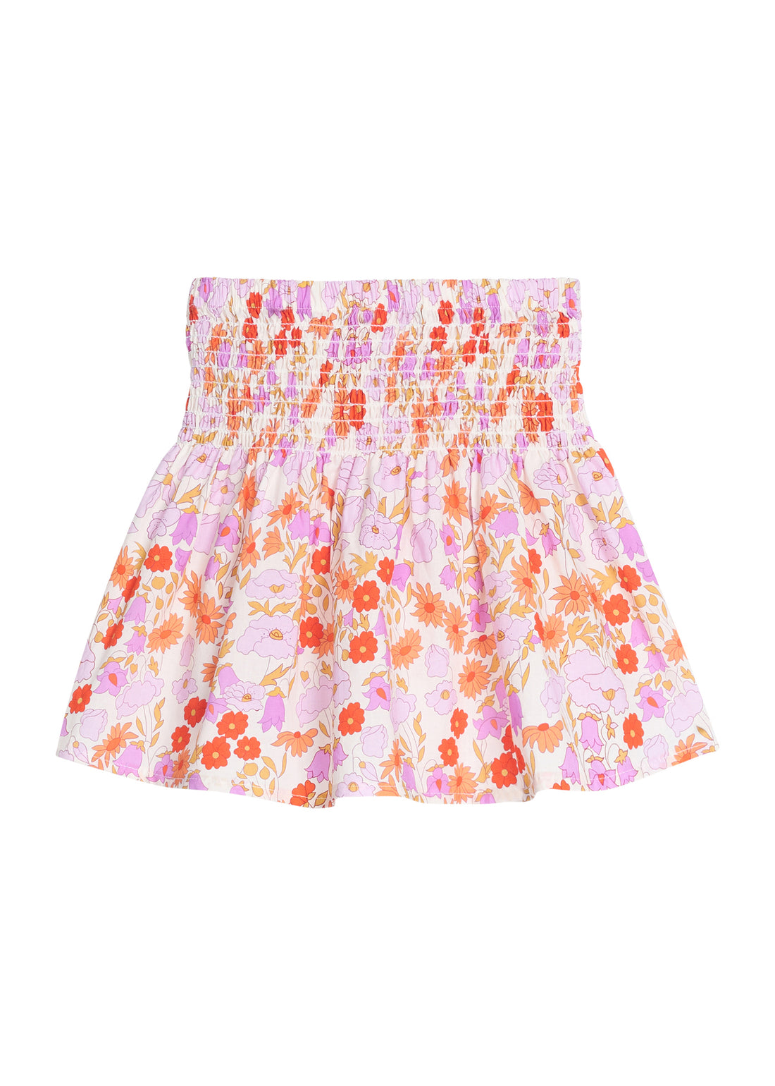 Girls/tween woven skort in a pink/orange floral print that features a ruching elastic detail at waist and built in shorts for a relaxed but secure fit. 
