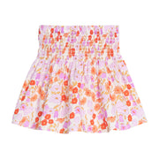 Girls/tween woven skort in a pink/orange floral print that features a ruching elastic detail at waist and built in shorts for a relaxed but secure fit. 