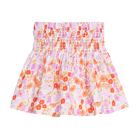 Girls/tween woven skort in a pink/orange floral print that features a ruching elastic detail at waist and built in shorts for a relaxed but secure fit. 