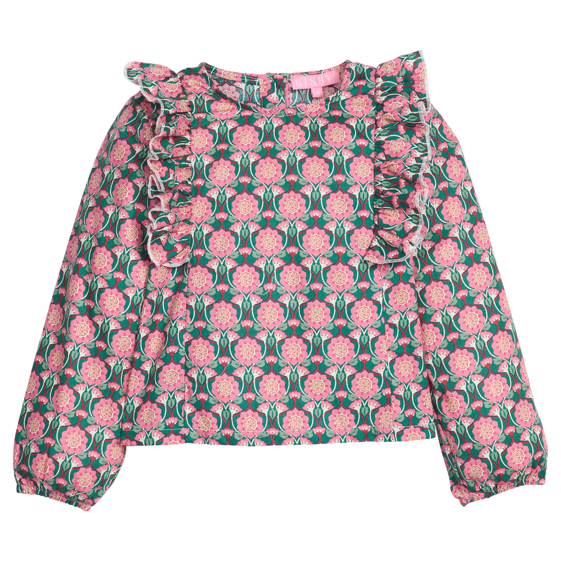 Girls/tween woven long sleeve top in pink/green floral that features ruffle detail along body/sleeves, elastic cuffs at sleeve ends, and button closures along back. 