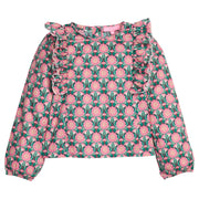 Girls/tween woven long sleeve top in pink/green floral that features ruffle detail along body/sleeves, elastic cuffs at sleeve ends, and button closures along back. 