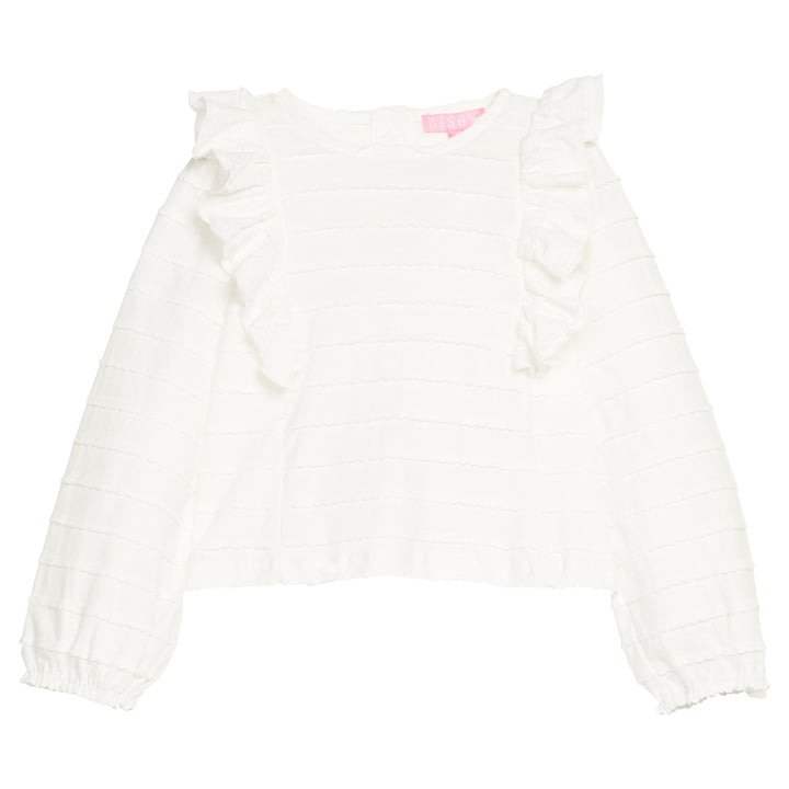 Girls/tween long sleeve  white knit ruffle blouse with elastic armholes and button down closure at back for a secure but relaxed fit. 
