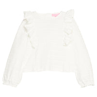 Girls/tween long sleeve  white knit ruffle blouse with elastic armholes and button down closure at back for a secure but relaxed fit. 