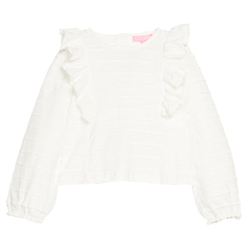 Girls/tween long sleeve  white knit ruffle blouse with elastic armholes and button down closure at back for a secure but relaxed fit. 