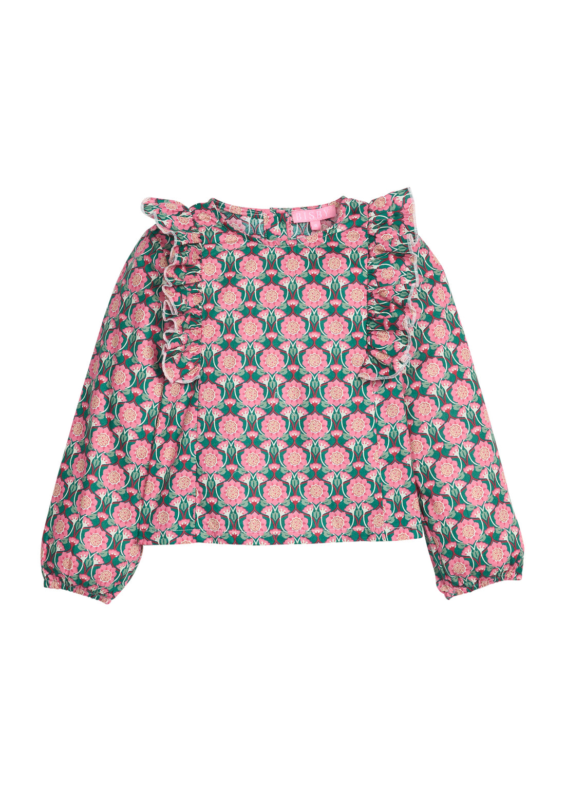 Girls/tween woven long sleeve top in pink/green floral that features ruffle detail along body/sleeves, elastic cuffs at sleeve ends, and button closures along back. 