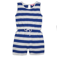 Girl/tween woven romper with pockets and elastic tie waistband with thick royal blue and white stripes.