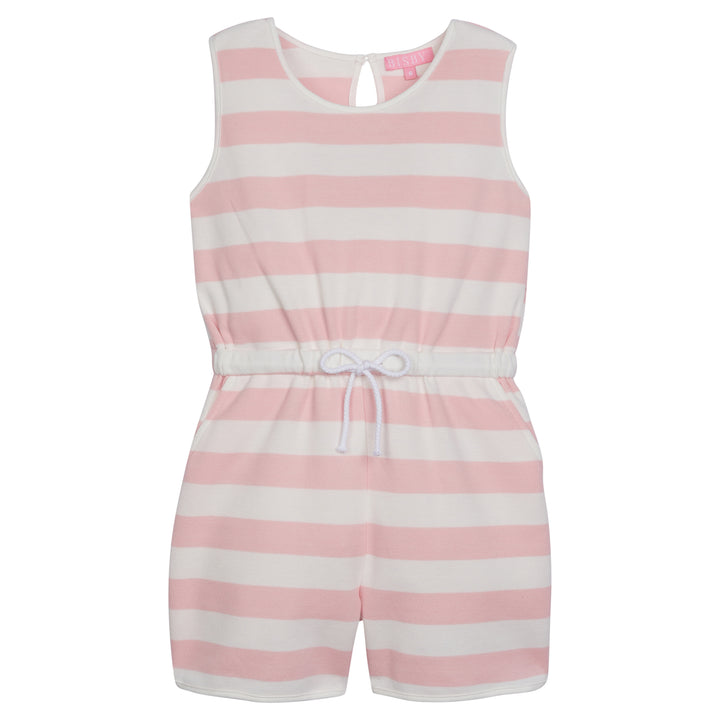 Girl/tween woven romper with pockets and elastic tie waistband with thick light pink and white stripes.