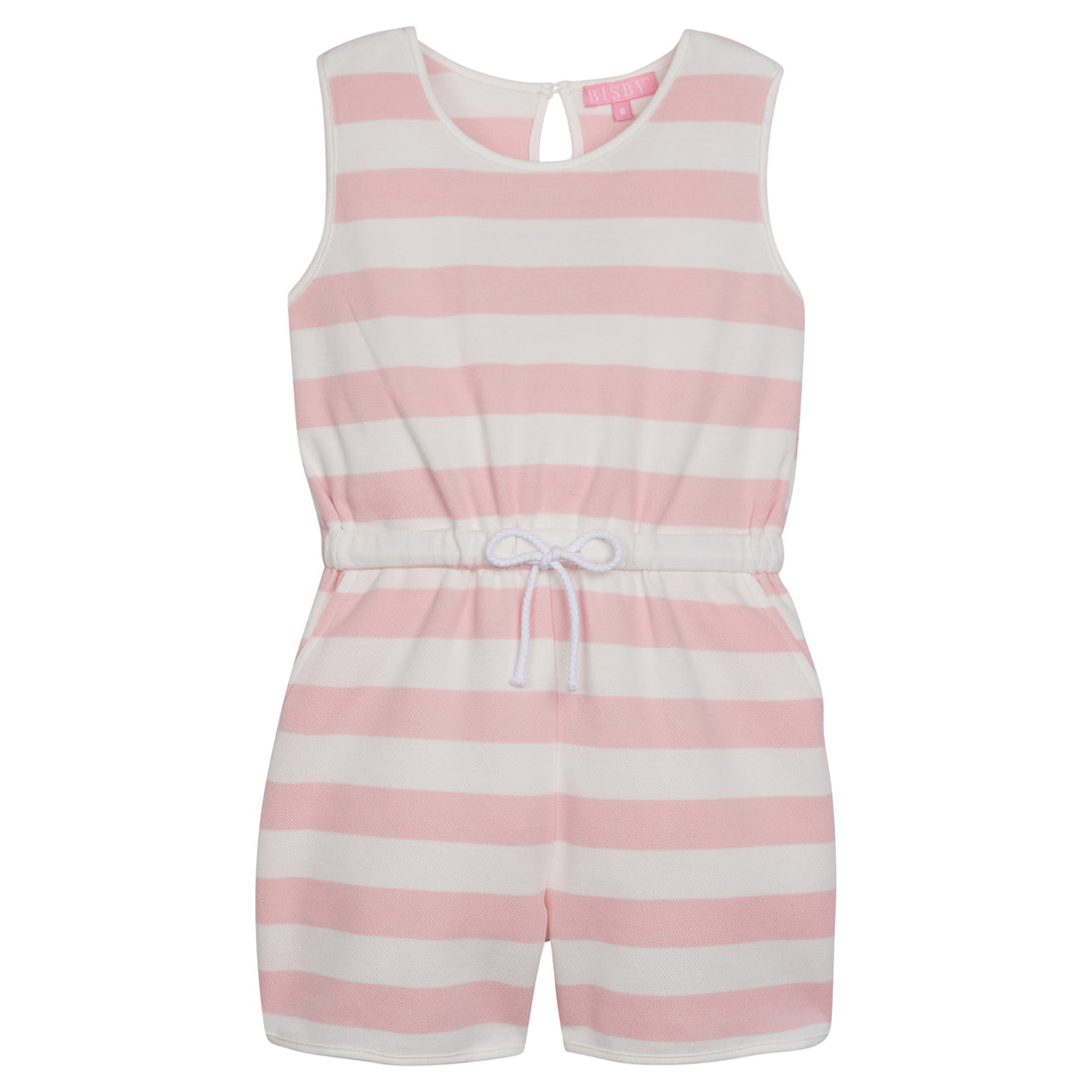 Girl/tween woven romper with pockets and elastic tie waistband with thick light pink and white stripes.