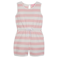 Girl/tween woven romper with pockets and elastic tie waistband with thick light pink and white stripes.