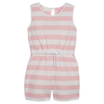 Girl/tween woven romper with pockets and elastic tie waistband with thick light pink and white stripes.