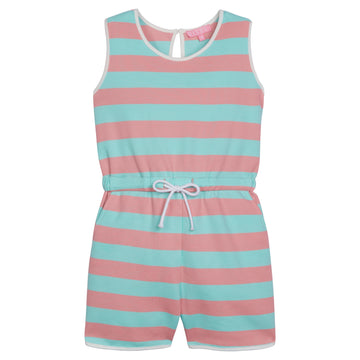 Girl/tween woven romper with pockets and elastic tie waistband with thick aqua and salmon colored  stripes.