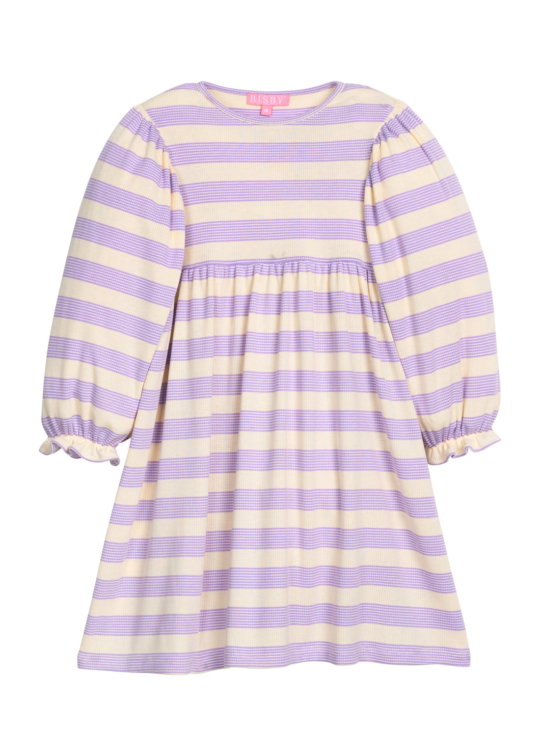 Purple and white striped knit dress that has elastic cuffs at sleeves for a relaxed fit.