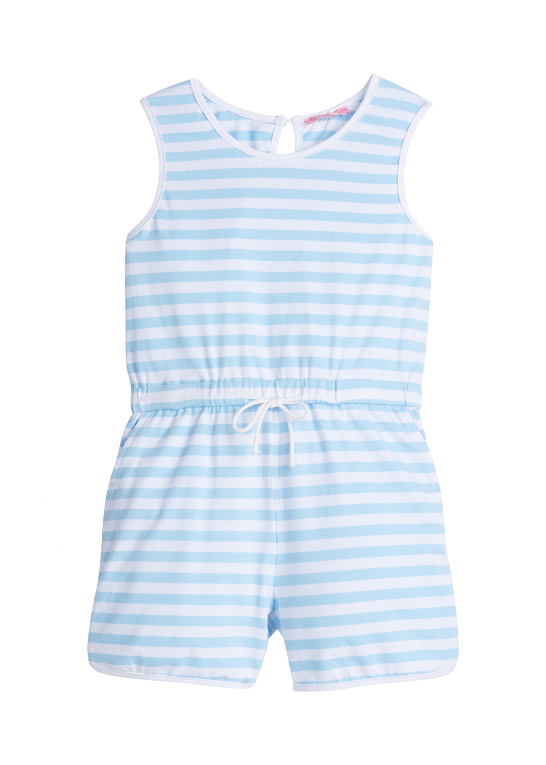 Girls/Tween knit romper in light blue/white stripe. Romper features a keyhole button closure at back , an elastic waistband, and pockets.
