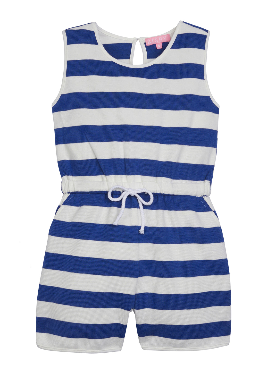 Girl/tween woven romper with pockets and elastic tie waistband with thick royal blue and white stripes.