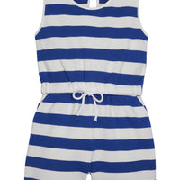 Girl/tween woven romper with pockets and elastic tie waistband with thick royal blue and white stripes.