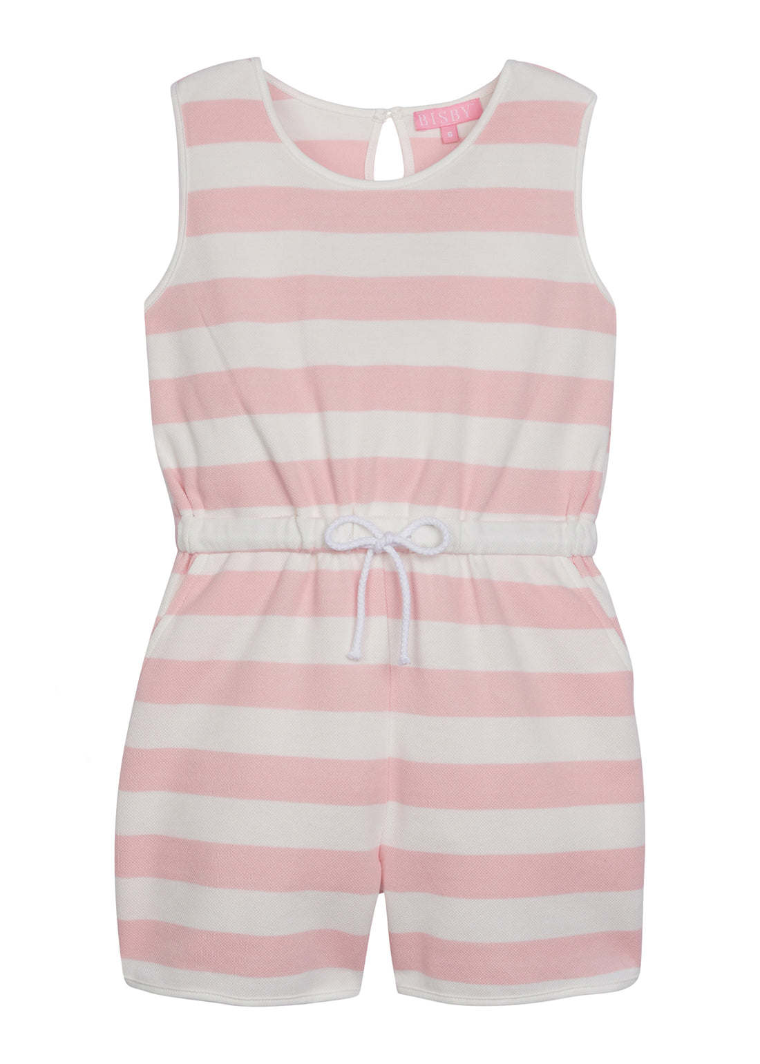 Girl/tween woven romper with pockets and elastic tie waistband with thick light pink and white stripes.