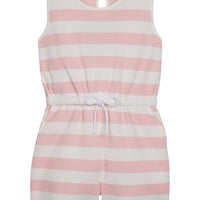 Girl/tween woven romper with pockets and elastic tie waistband with thick light pink and white stripes.