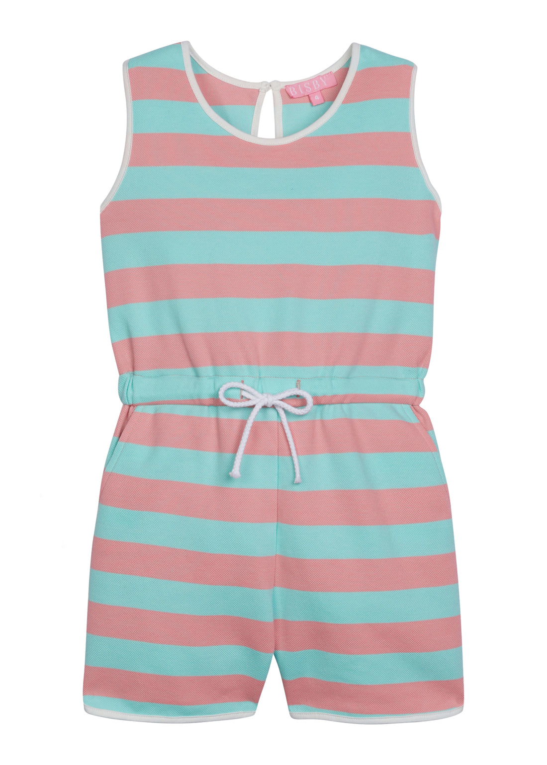 Girl/tween woven romper with pockets and elastic tie waistband with thick aqua and salmon colored  stripes.
