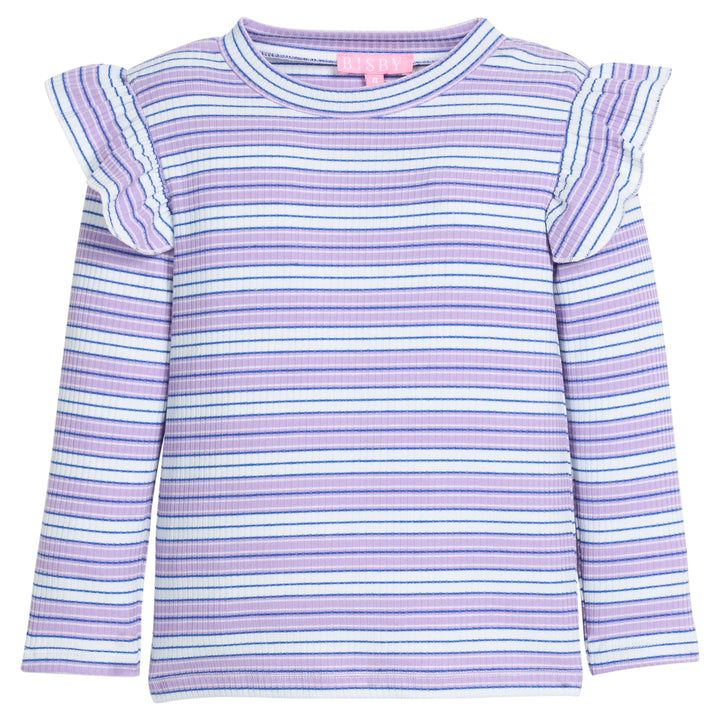 Girls/tween long sleeve knit top in blue/purple/white stripe that features a slight angel sleeve detail at sleeves to elevate the look. 