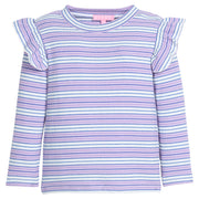 Girls/tween long sleeve knit top in blue/purple/white stripe that features a slight angel sleeve detail at sleeves to elevate the look. 