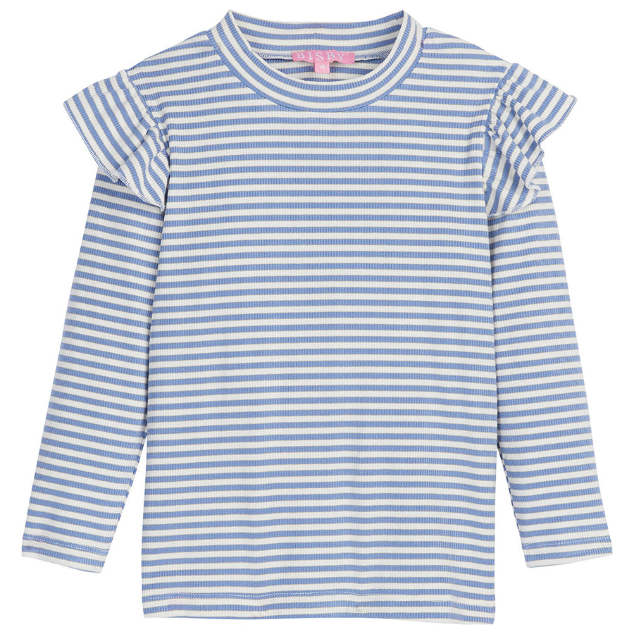 Light blue (french blue) sparkly and white stripe shirt with ruffle sleeves (longsleeve top)-SadieTop BISBY girl/teen