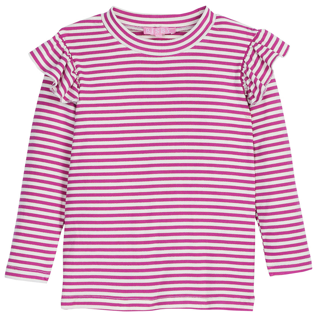 Long sleeve maroon/magenta and white sparkly stripe long sleeve top with ruffles on sleeves--SadieTop BISBY girl/teen