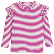 Long sleeve maroon/magenta and white sparkly stripe long sleeve top with ruffles on sleeves--SadieTop BISBY girl/teen