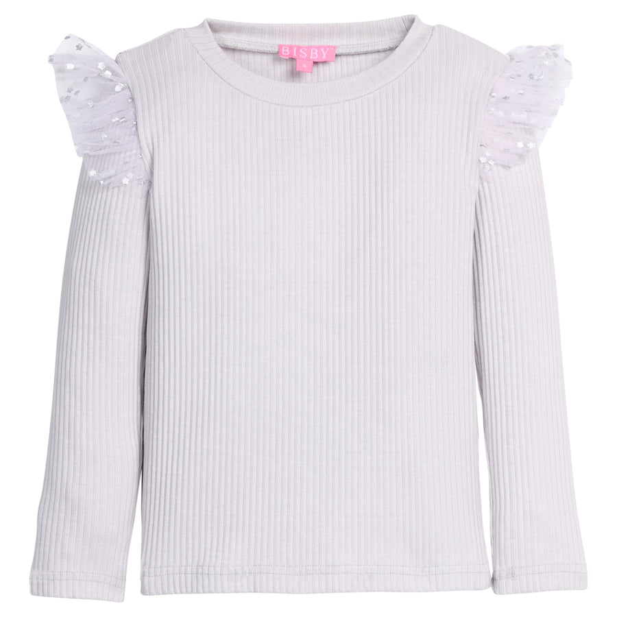 Light gray ribbed long-sleeve top with tulle with silver stars on the shoulders.