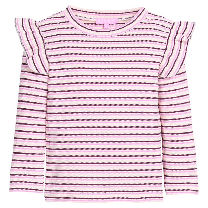 Girls/tween long sleeve knit top in cranberry/pink/white stripe that features a slight angel sleeve detail at sleeves to elevate the look. 