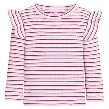 Girls/tween long sleeve knit top in cranberry/pink/white stripe that features a slight angel sleeve detail at sleeves to elevate the look. 