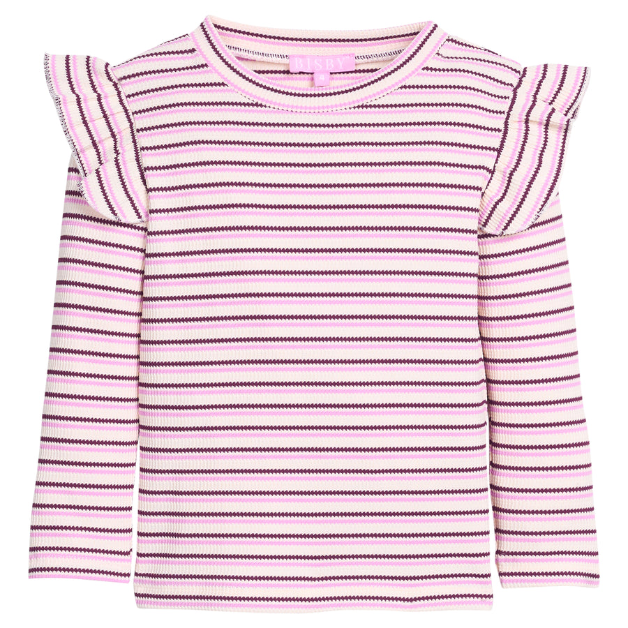 Girls/tween long sleeve knit top in cranberry/pink/white stripe that features a slight angel sleeve detail at sleeves to elevate the look. 