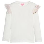 Girls white ribbed long-sleeve top with pink tulle on the shoulders with gold stars.