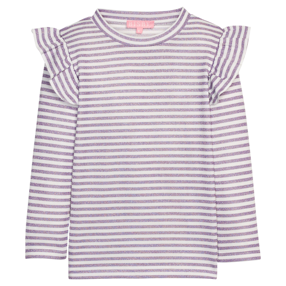 Girls/tween sparkly purple and white striped long-sleeve top with ruffled angel sleeve shoulder detail.