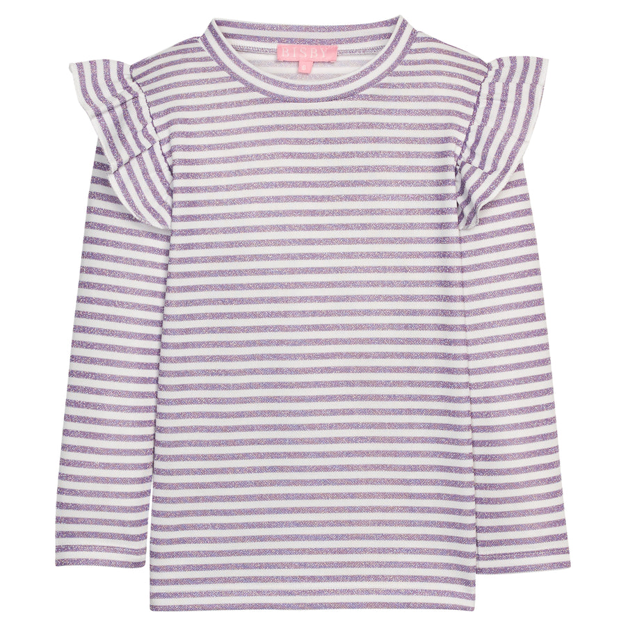 Girls/tween sparkly purple and white striped long-sleeve top with ruffled angel sleeve shoulder detail.