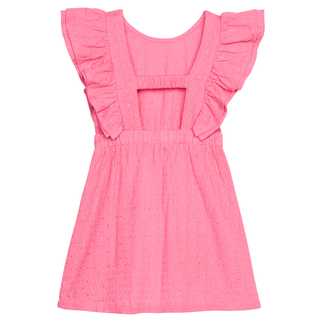 BISBY girl woven hot pink embroidered dress. Dress features angel sleeves, elastic waistband, and elastic strap at back for a secure but relaxed fit. 