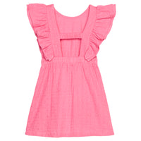 BISBY girl woven hot pink embroidered dress. Dress features angel sleeves, elastic waistband, and elastic strap at back for a secure but relaxed fit. 
