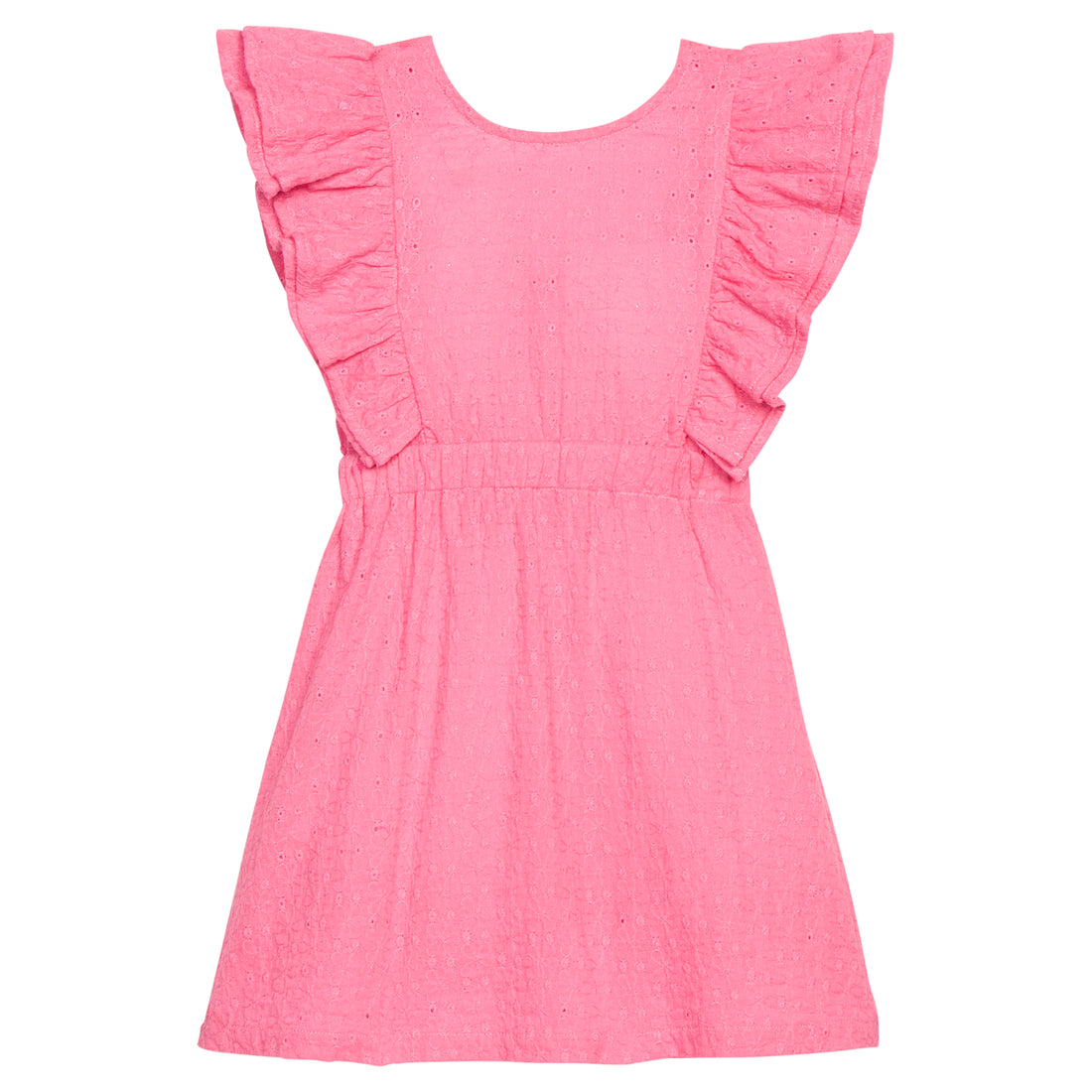 BISBY girl woven hot pink embroidered dress. Dress features angel sleeves, elastic waistband, and elastic strap at back for a secure but relaxed fit. 