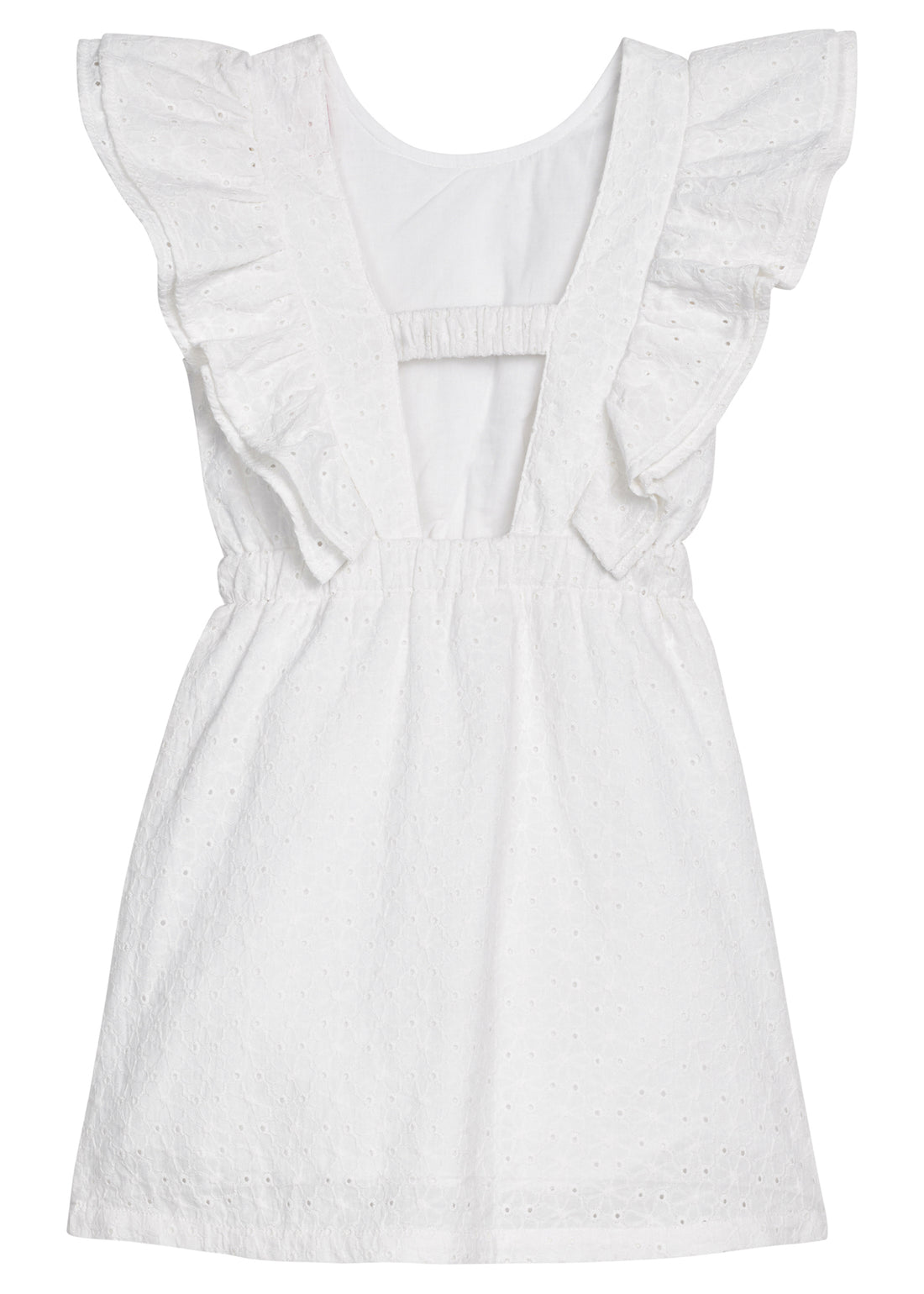 BISBY girl woven white embroidered dress. Dress features angel sleeves, elastic waistband, and elastic strap at back for a secure but relaxed fit. 