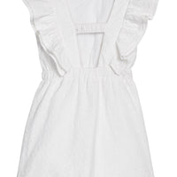 BISBY girl woven white embroidered dress. Dress features angel sleeves, elastic waistband, and elastic strap at back for a secure but relaxed fit. 