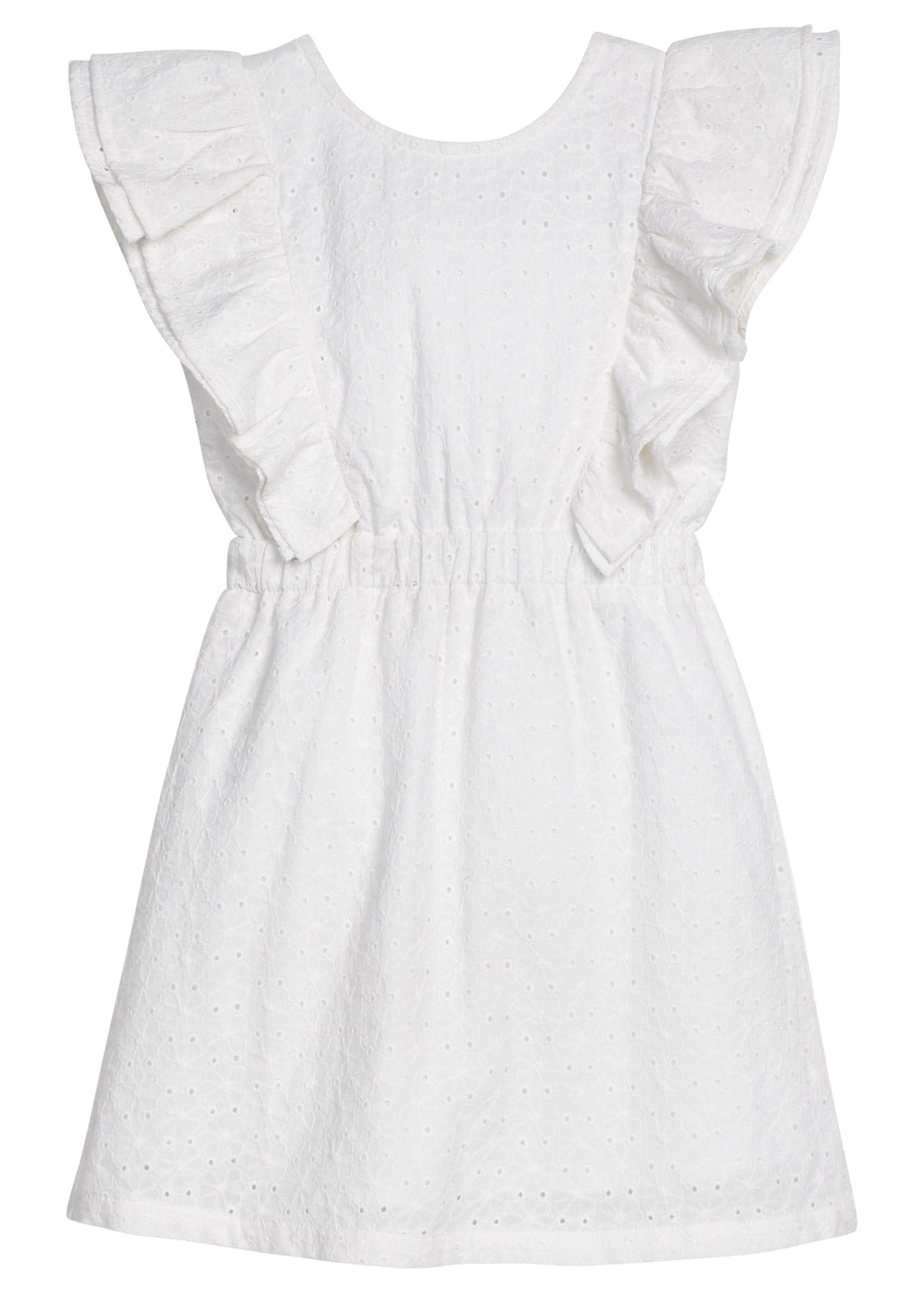 BISBY girl woven white embroidered dress. Dress features angel sleeves, elastic waistband, and elastic strap at back for a secure but relaxed fit. 