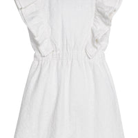 BISBY girl woven white embroidered dress. Dress features angel sleeves, elastic waistband, and elastic strap at back for a secure but relaxed fit. 