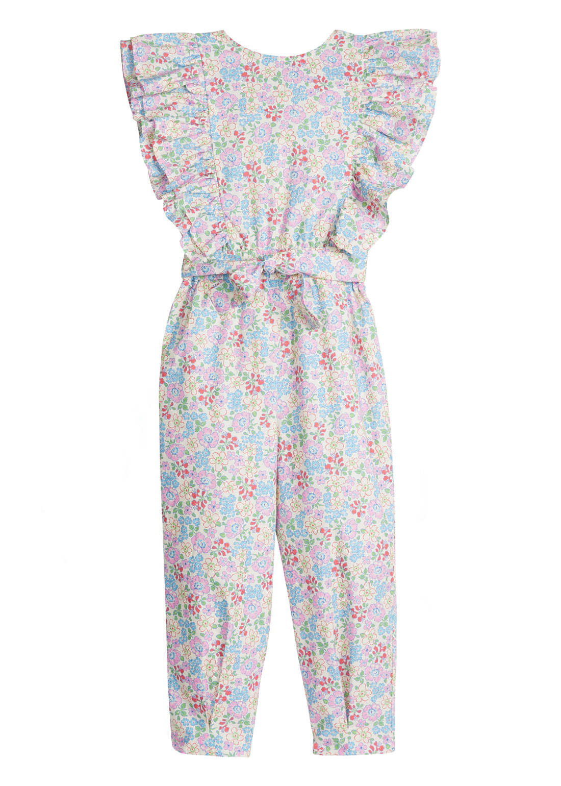 Girls/Tween woven jumpsuit that features ruffle detail along the front/sleeves, pockets, and a front tie with an open back. Jumpsuit has a beautiful pale yellow/pink/green/blue floral pattern and is a lightweight woven material for ultimate comfort. 