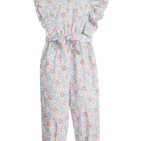 Girls/Tween woven jumpsuit that features ruffle detail along the front/sleeves, pockets, and a front tie with an open back. Jumpsuit has a beautiful pale yellow/pink/green/blue floral pattern and is a lightweight woven material for ultimate comfort. 