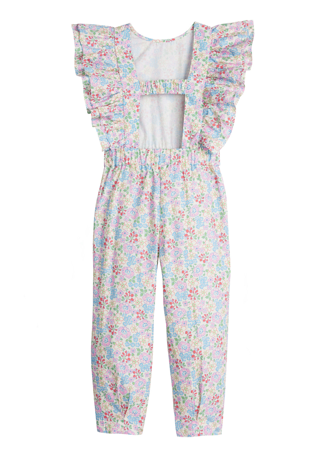 Girls/Tween woven jumpsuit that features ruffle detail along the front/sleeves, pockets, and a front tie with an open back. Jumpsuit has a beautiful pale yellow/pink/green/blue floral pattern and is a lightweight woven material for ultimate comfort. 