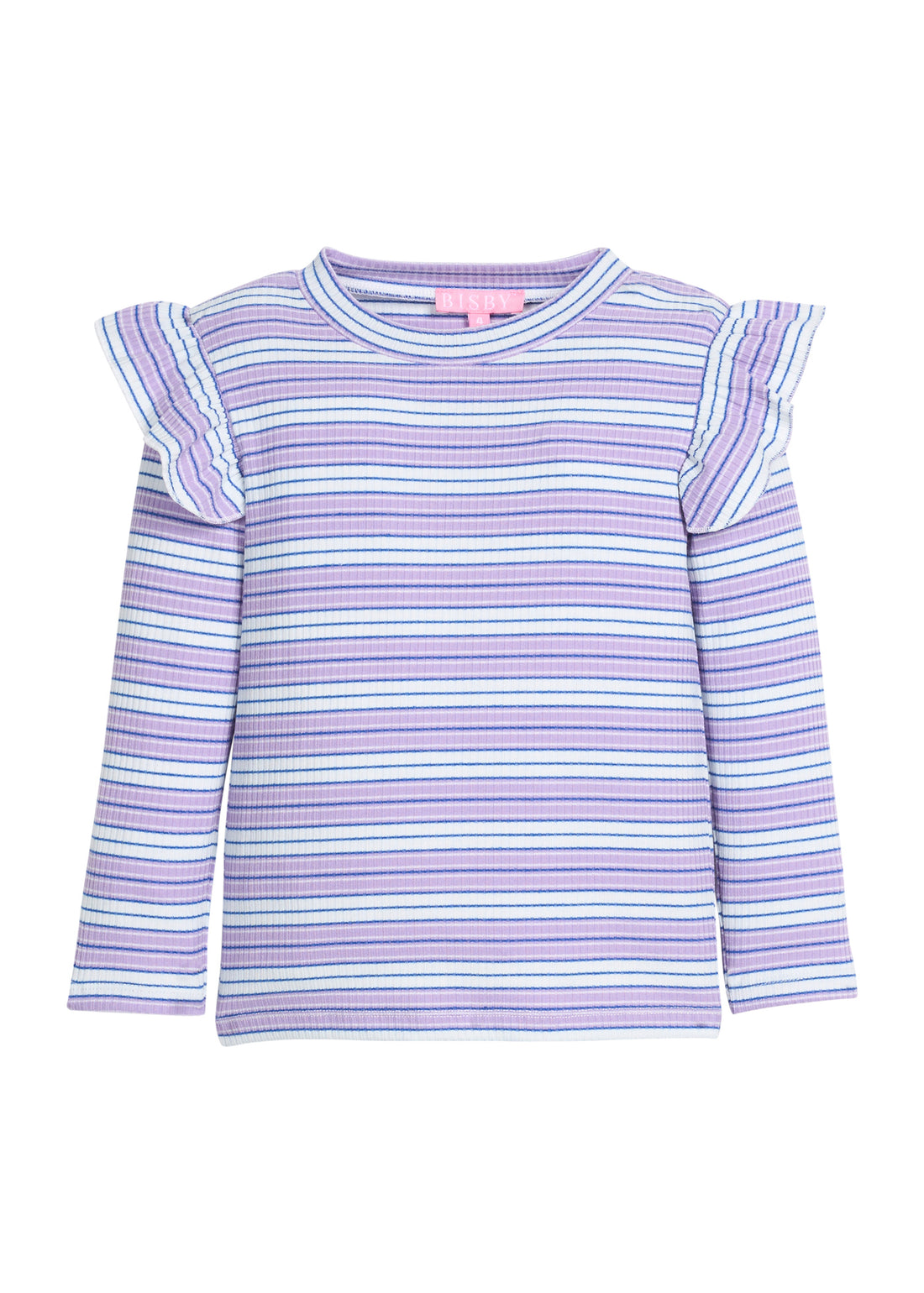 Girls/tween long sleeve knit top in blue/purple/white stripe that features a slight angel sleeve detail at sleeves to elevate the look. 